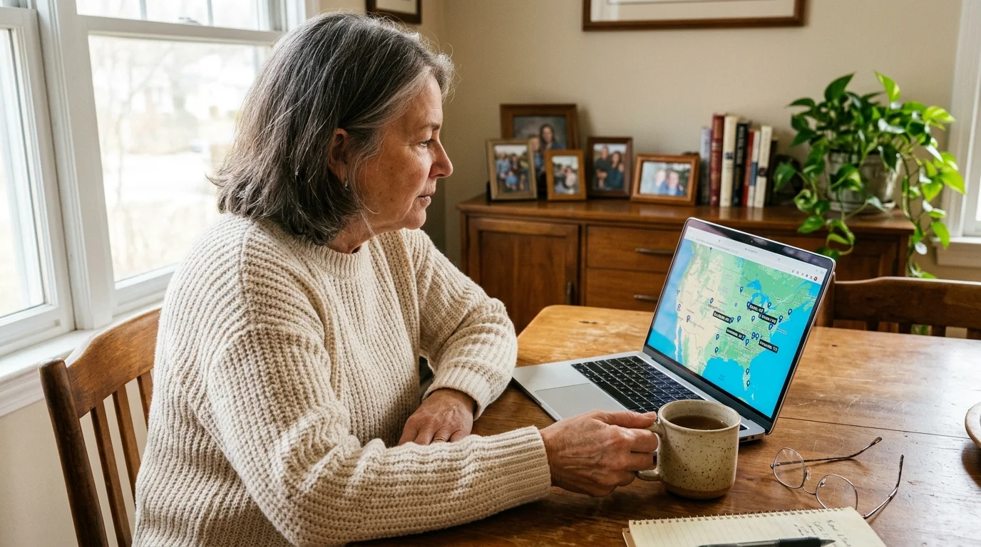 An older woman sits at her dining table researching alternative, affordable towns on her laptop map.