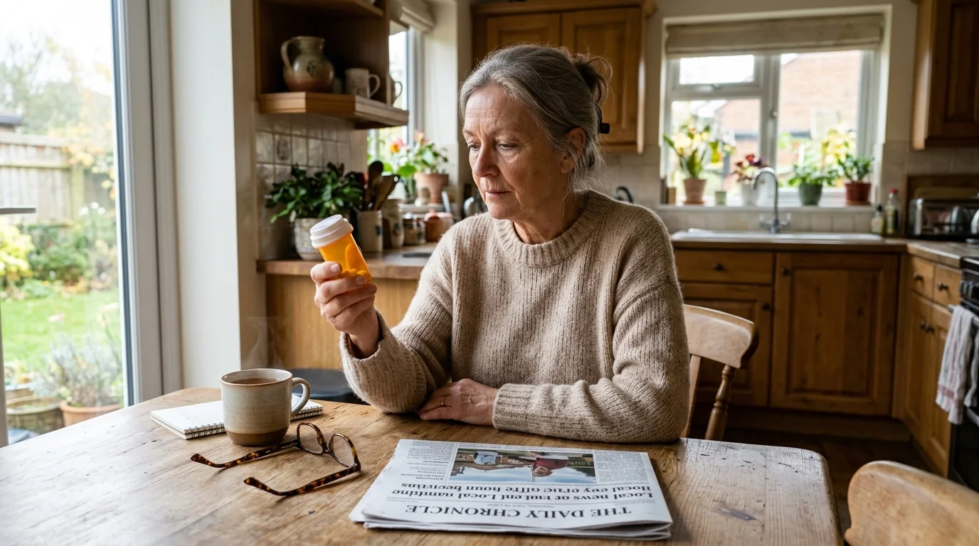 An older woman sits at her kitchen table looking thoughtfully at a pill bottle.