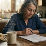 An older woman sits thoughtfully at her kitchen table with a paper form, pen, and landline phone in warm morning light.