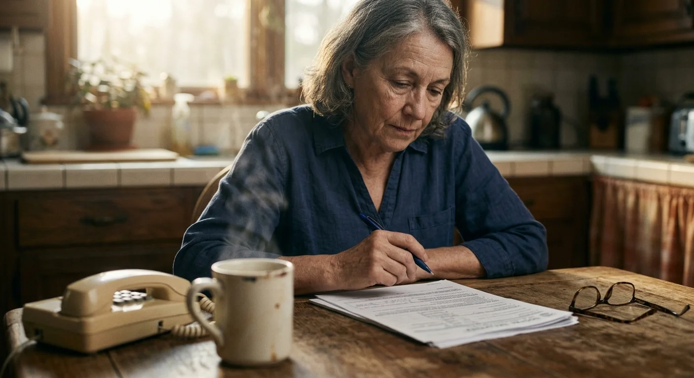 An older woman sits thoughtfully at her kitchen table with a paper form, pen, and landline phone in warm morning light.