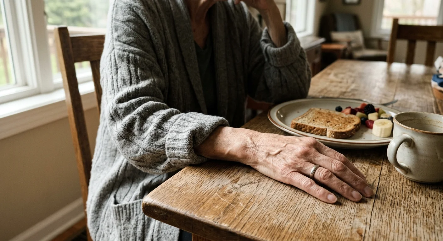 An older woman's arm in a loose cardigan next to an untouched breakfast plate, illustrating sudden weight loss and loss of appetite.