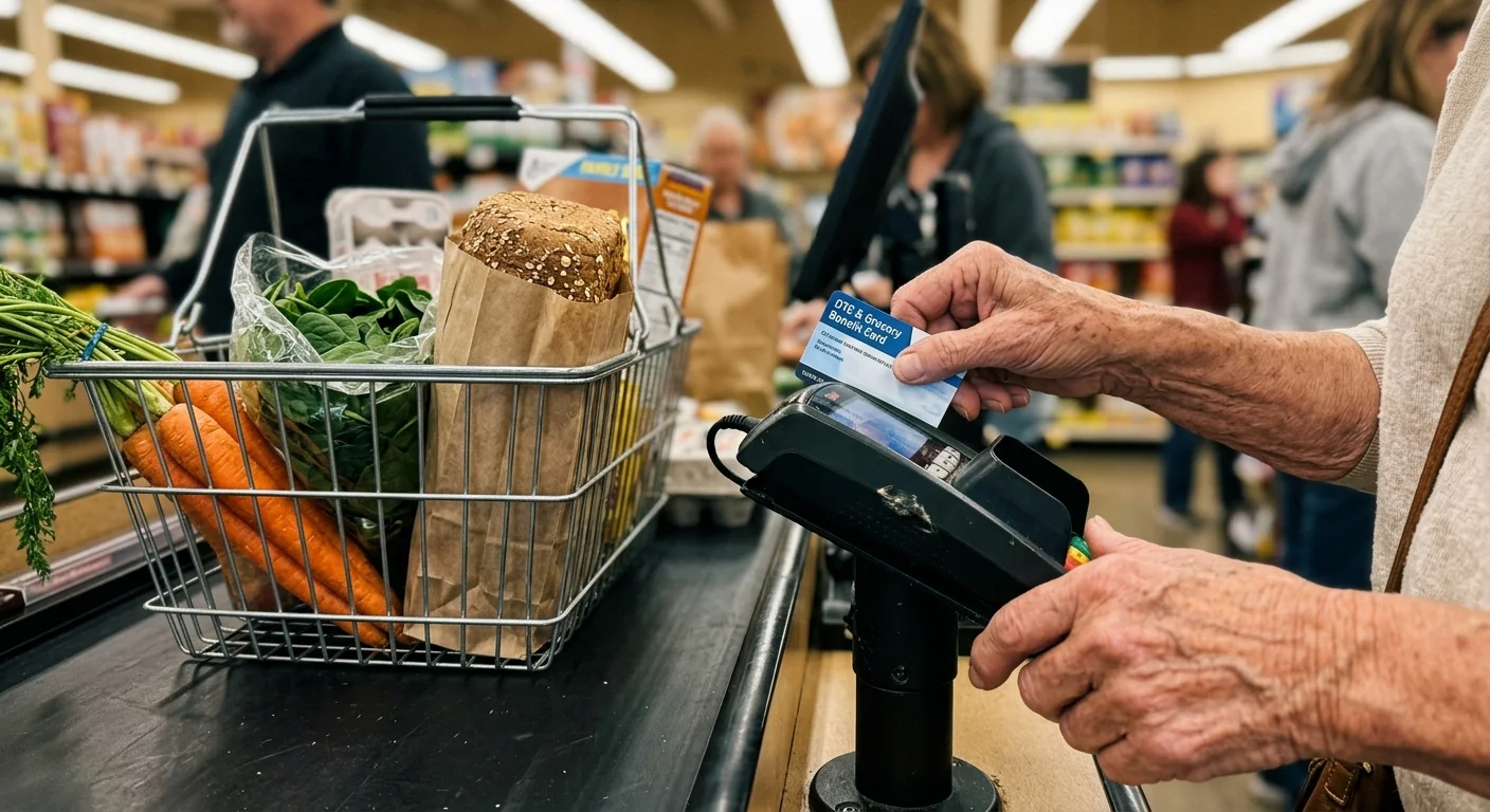 Close-up of a senior citizen using an OTC grocery benefit card to pay for fresh vegetables at a supermarket checkout.
