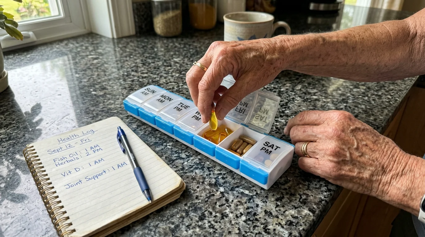 Close-up of hands organizing yellow softgels and herbal capsules into a weekly pill planner.