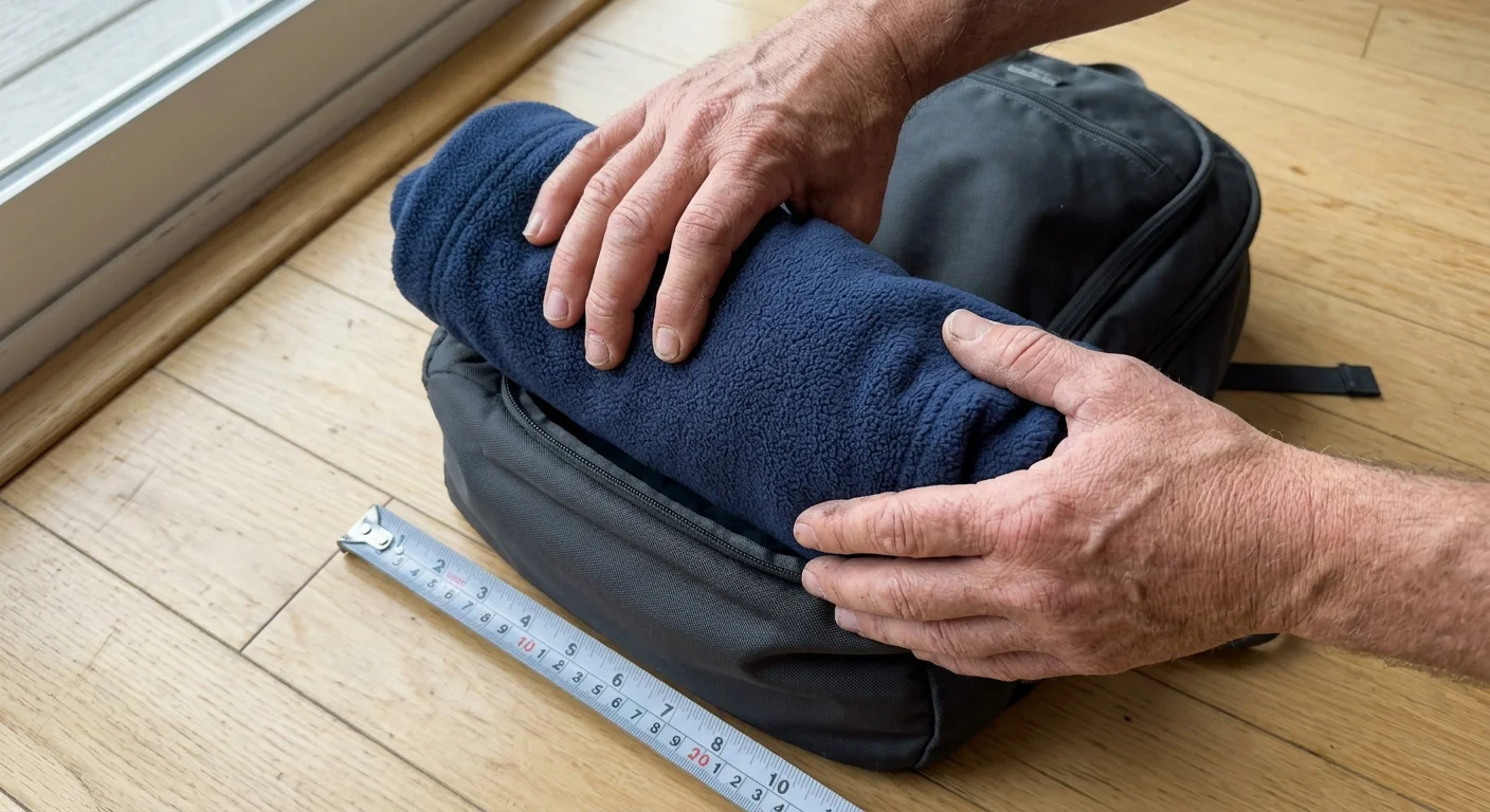 Close-up of hands packing a small grey backpack tightly to fit under-seat dimensions, next to a measuring tape.