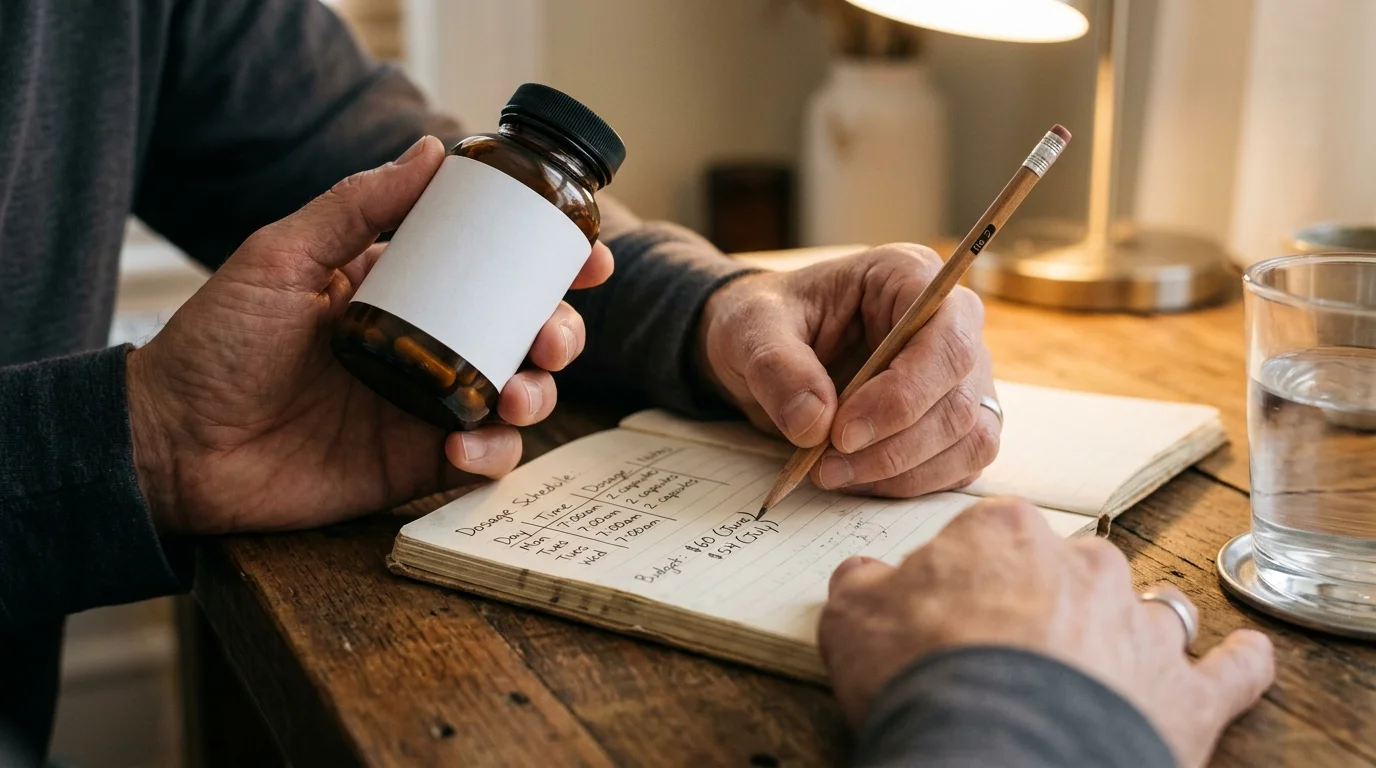 Close-up of hands writing a budget and schedule in a notebook next to an amber supplement bottle.