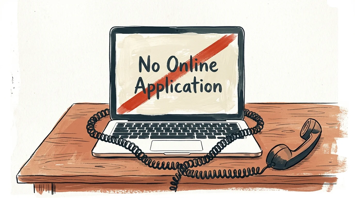 Editorial illustration of a laptop with a red slash across its screen and a telephone cord, representing the lack of online filing.