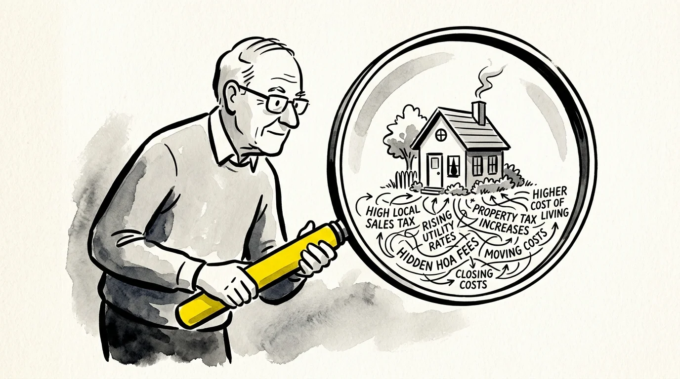 Editorial illustration of a man using a magnifying glass to reveal hidden costs like local taxes on a house.