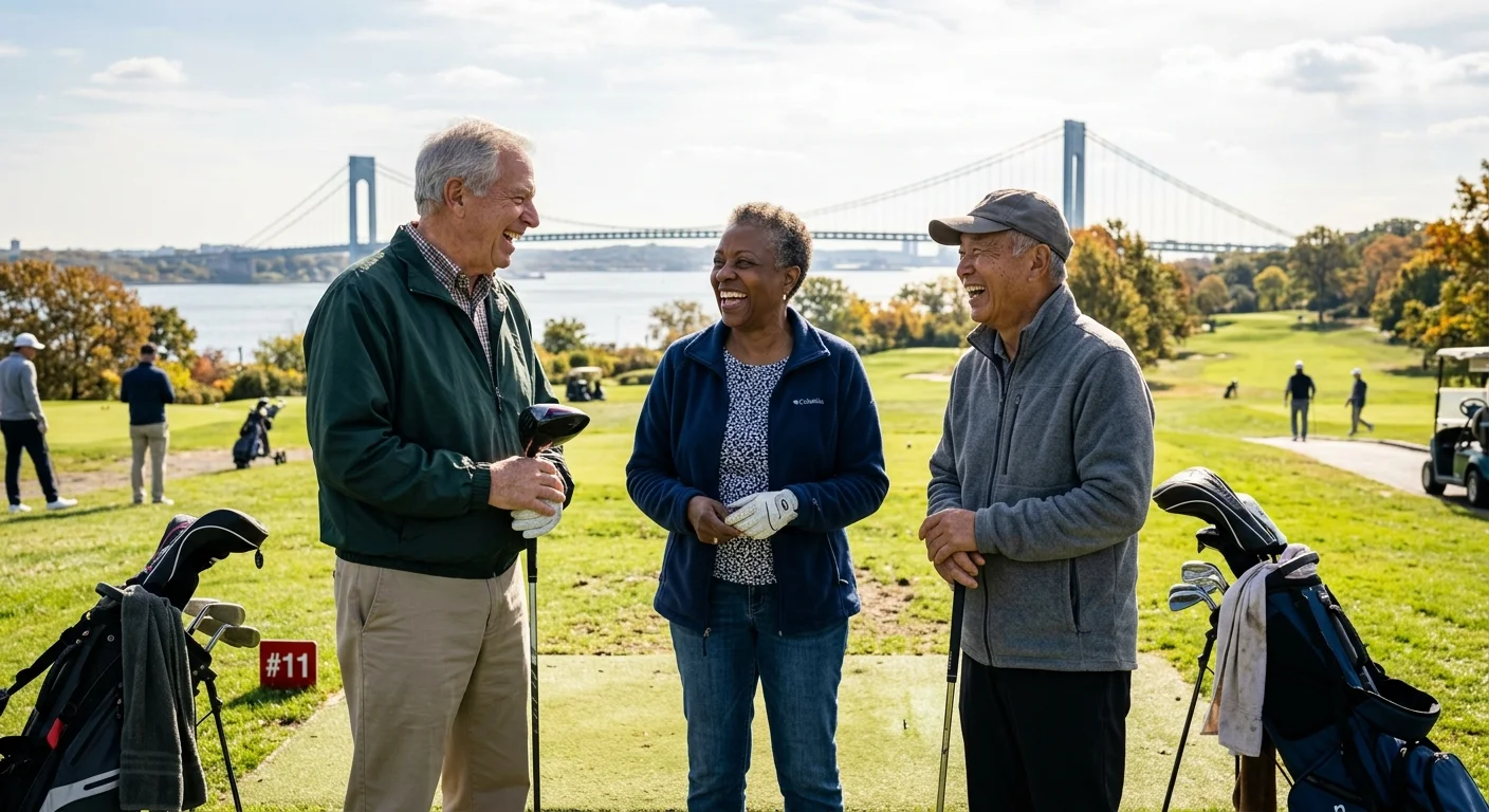 Three diverse senior friends laughing on a public golf course in New York City, with a bridge visible in the background.