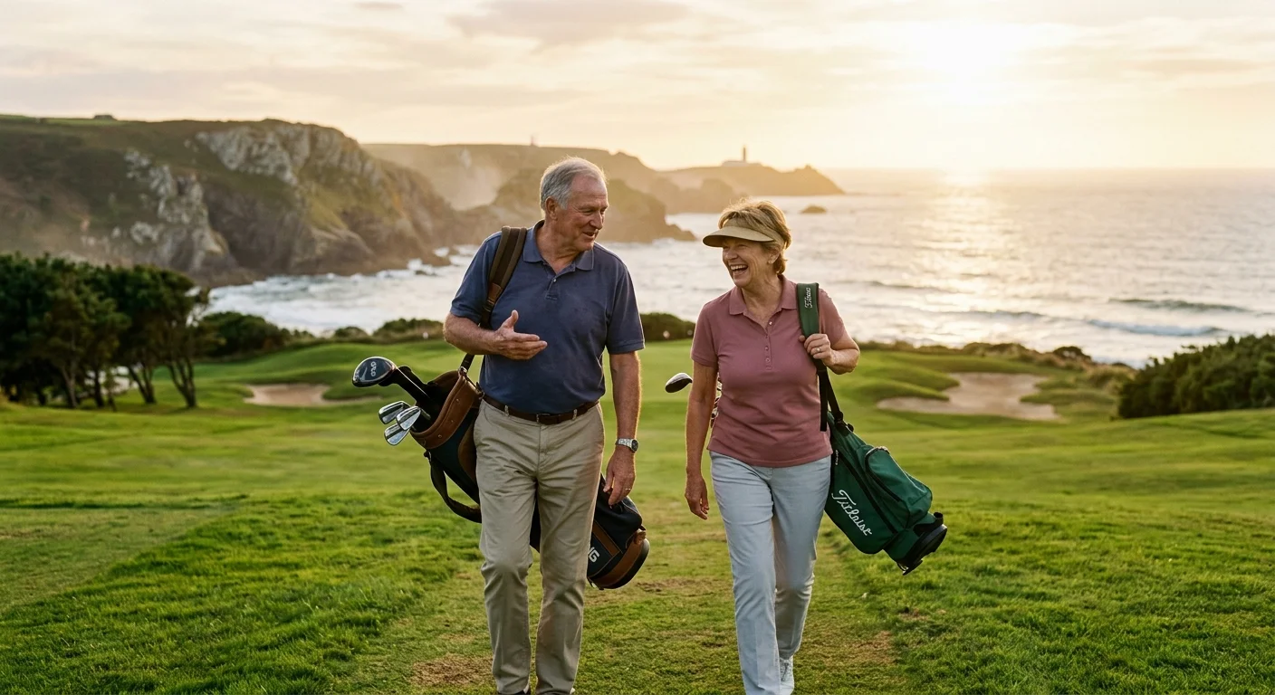 Two seniors smiling and carrying their golf bags along a sunny coastal public fairway at sunset.