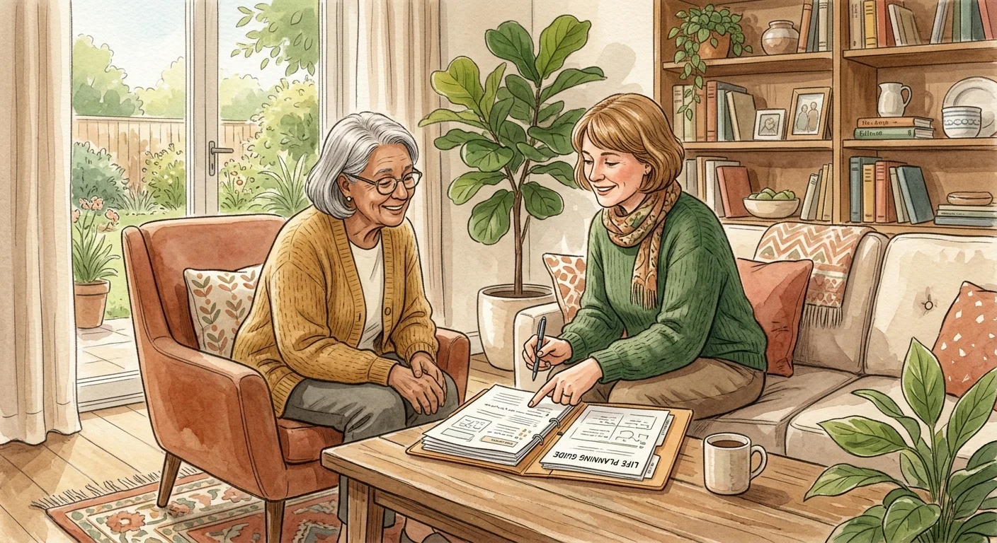 Warm gouache illustration of an older adult and a friendly advisor discussing documents together in a cozy, sunlit room.