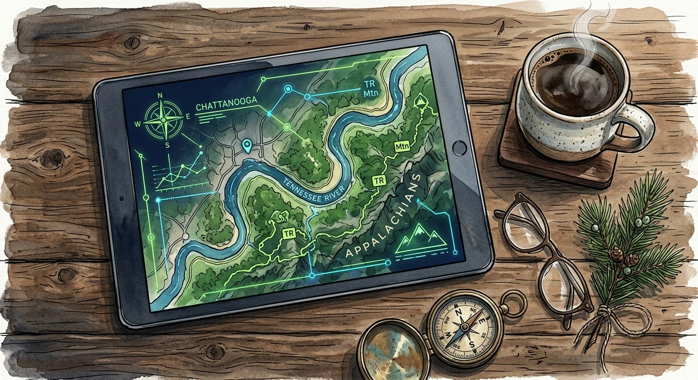Watercolor flat-lay of a tablet displaying a river map next to a coffee mug on a rustic wooden table, combining tech and nature.