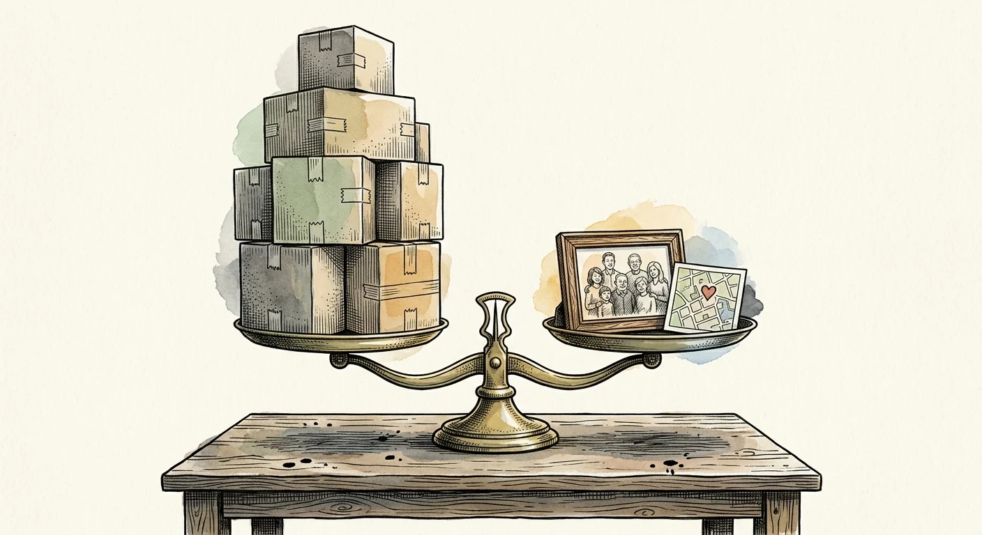Watercolor illustration of a brass scale balancing heavy cardboard boxes on one side and a family photo and neighborhood map on the other.