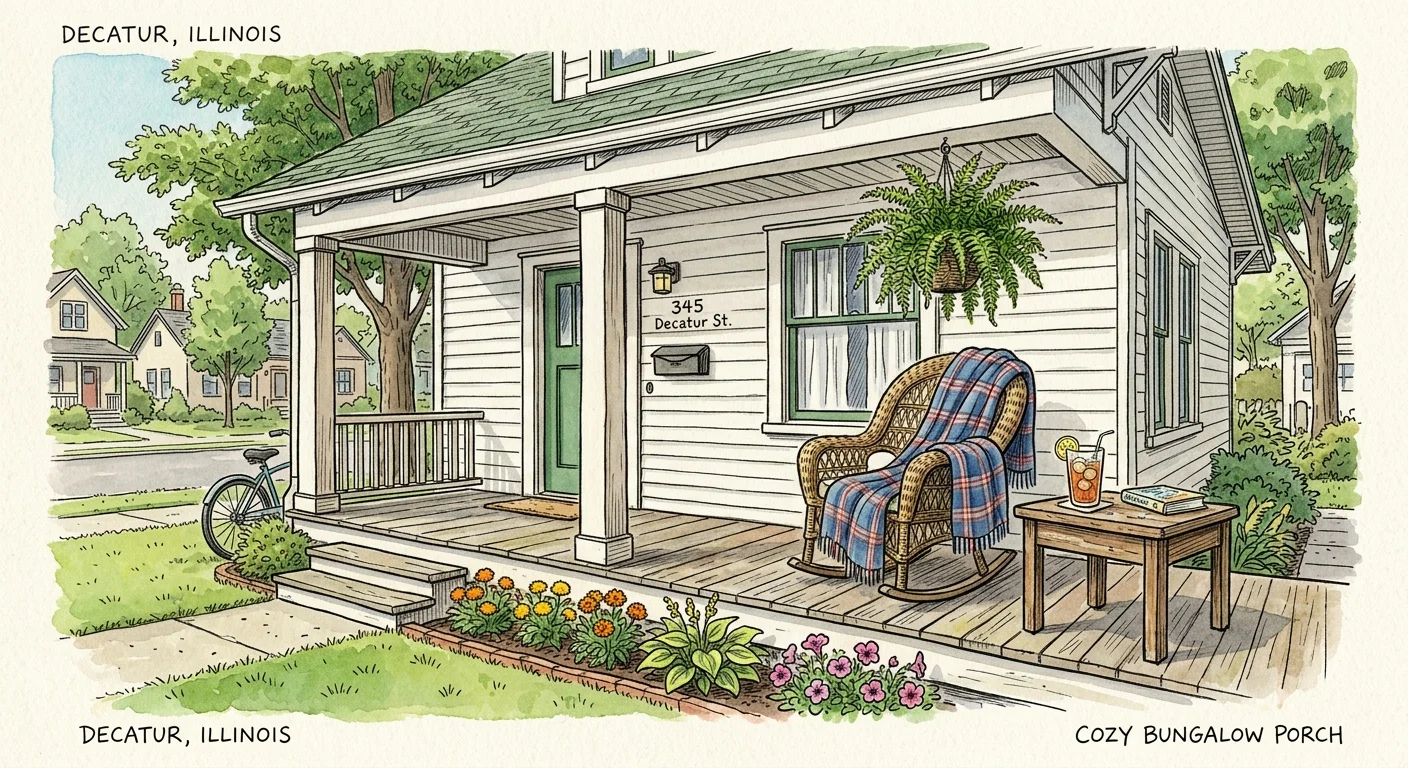 Watercolor illustration of a cozy bungalow front porch in Illinois, featuring a wicker rocking chair, plaid blanket, and hanging fern.