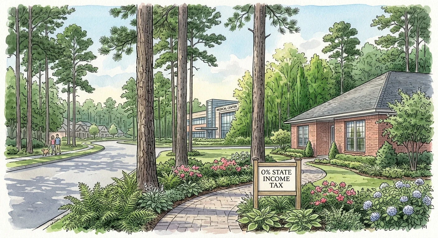 Watercolor illustration of a modern home nestled under tall pine trees in a pristine Texas community, with a sign reading 0% State Tax.