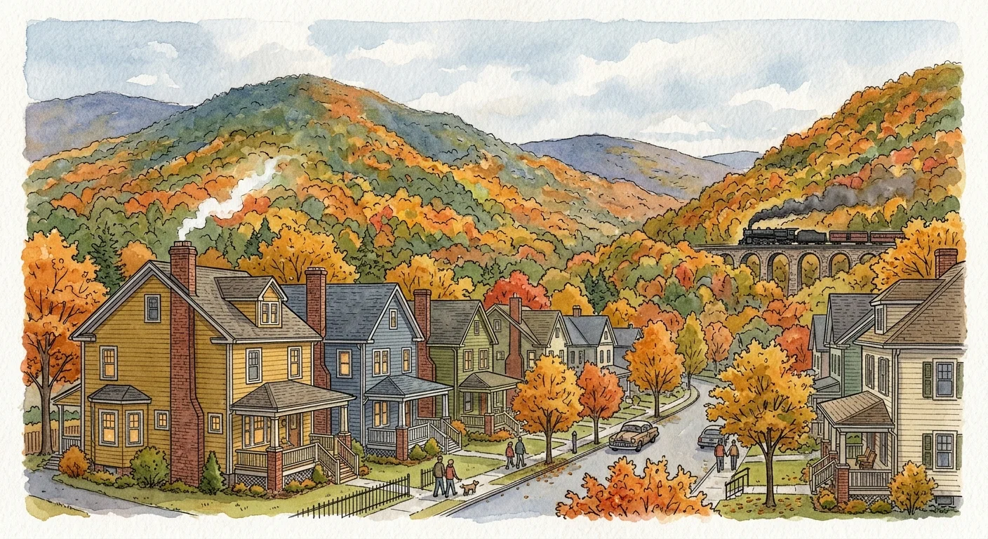 Watercolor illustration of charming craftsman homes nestled against the colorful, autumn-forested Allegheny Mountains in Pennsylvania.