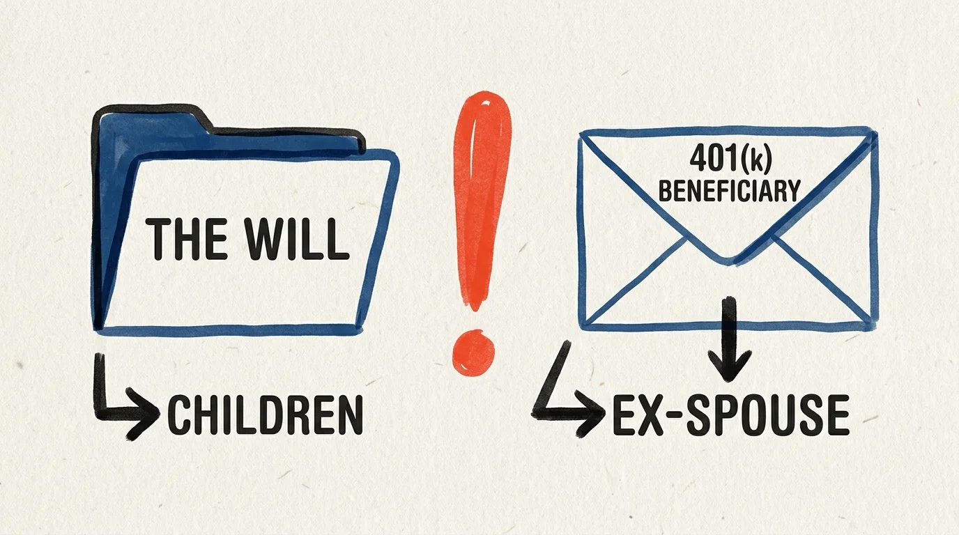 A bold, minimalist editorial illustration showing a mismatch between a will naming children and a 401k designating an ex-spouse.