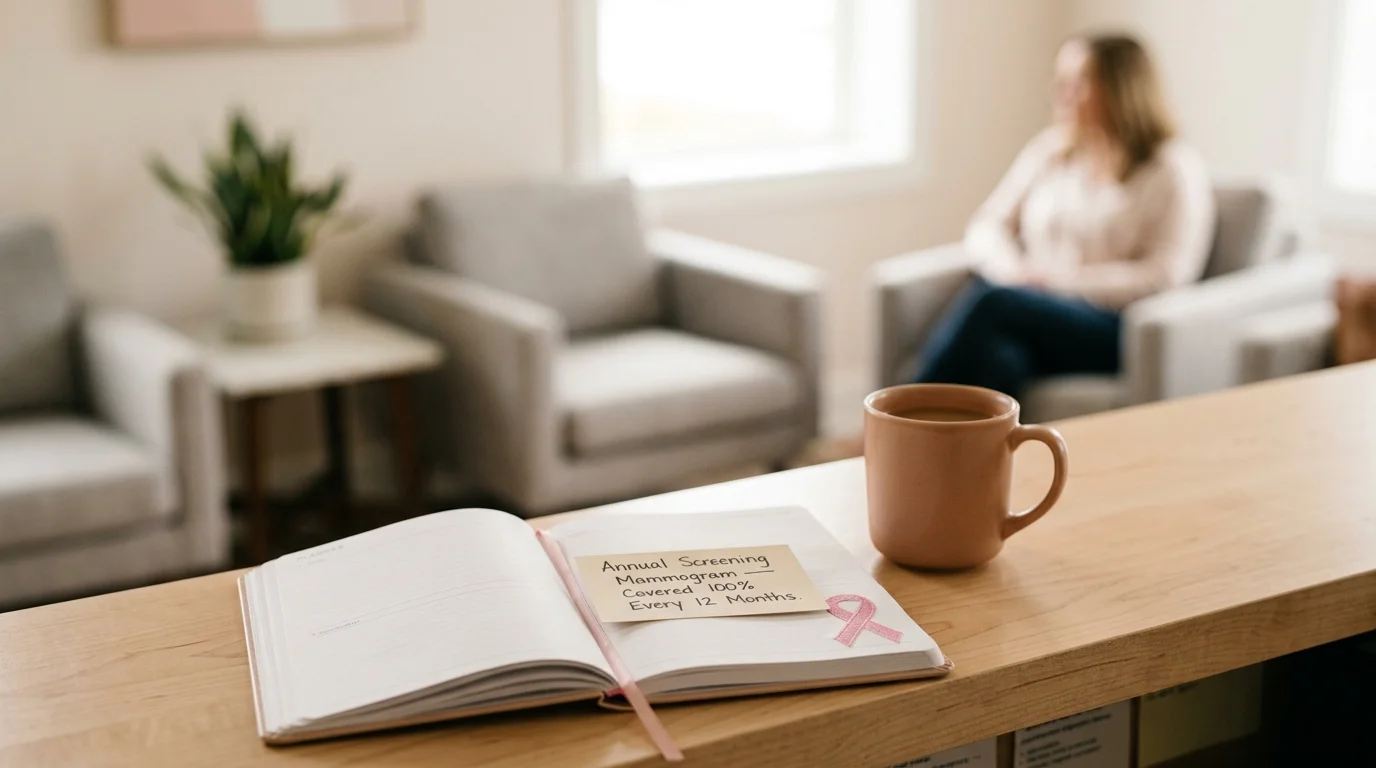 Open planner with a pink ribbon and reminder note beside a coffee mug on a wooden desk in a waiting room.