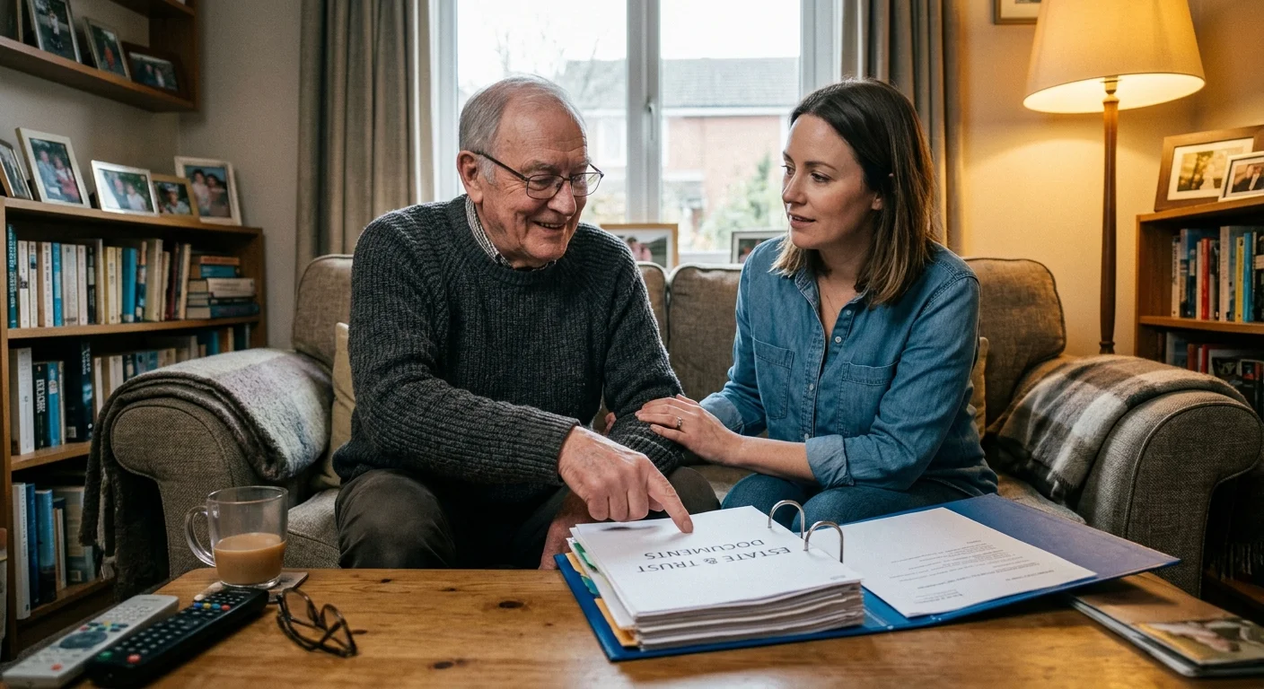 A candid home photograph of an older man pointing out a blue estate planning binder to his adult daughter in a warm living room.