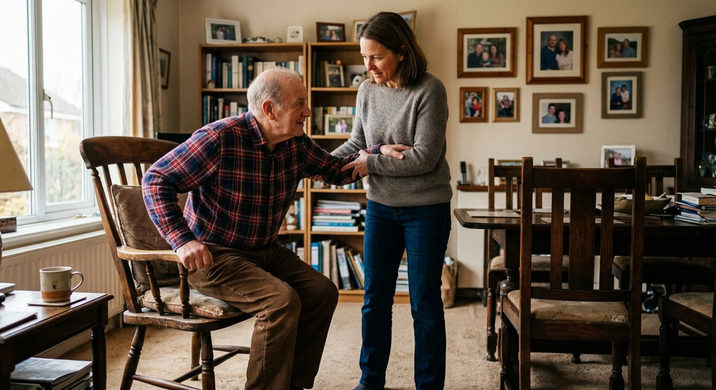 A candid photograph of an adult daughter helping her elderly father stand up from a dining chair in a cozy, sunlit living room.