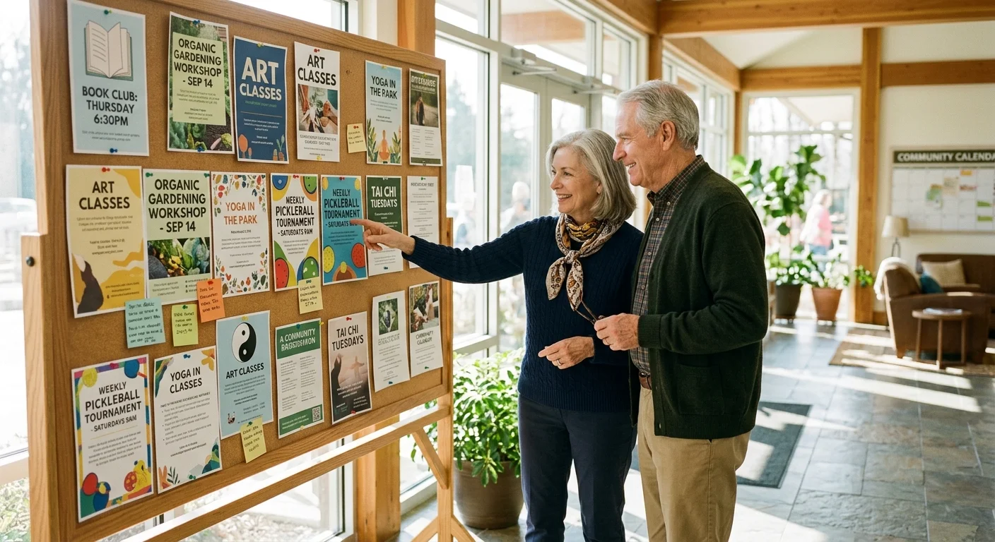A candid photograph of an older couple reading a sunny clubhouse bulletin board covered in community event flyers.