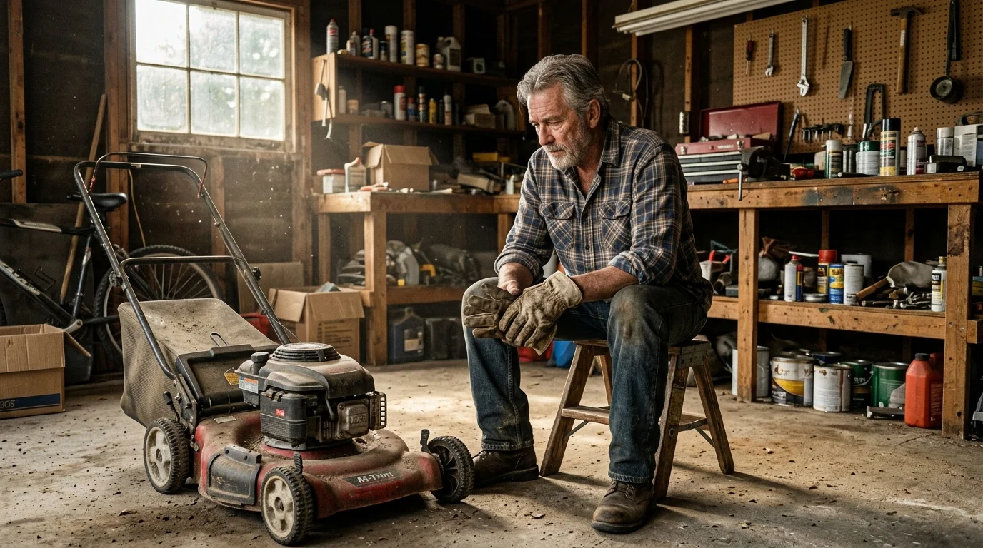 A candid photograph of an older man looking tiredly at a lawnmower in his garage, reflecting on the burden of home maintenance.