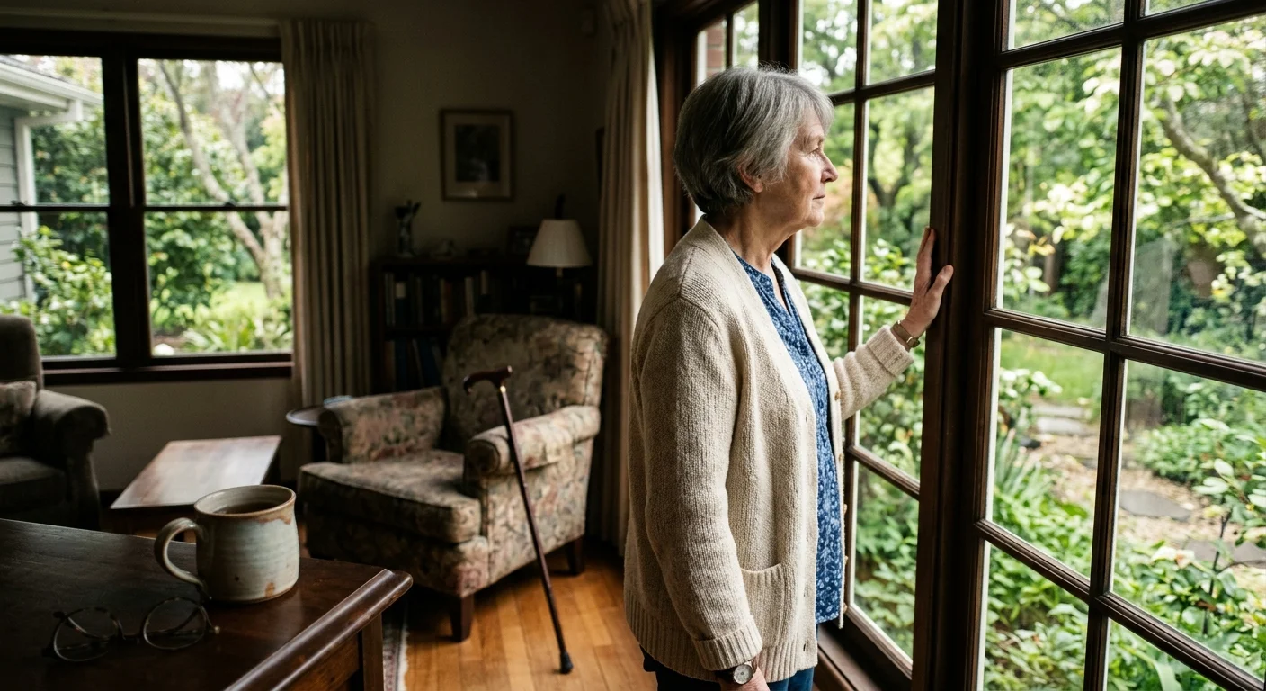 A candid photograph of an older woman looking out her living room window in soft, natural morning light.