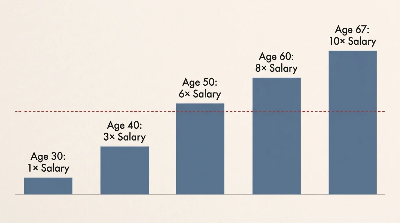 A clean bar chart showing age-based retirement savings benchmarks from 1x salary at age 30 up to 10x salary at age 67.