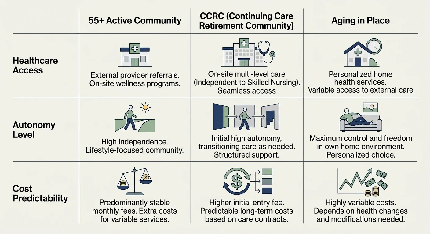 A clean comparative table contrasting 55+ communities, CCRCs, and aging in place across healthcare, autonomy, and costs.