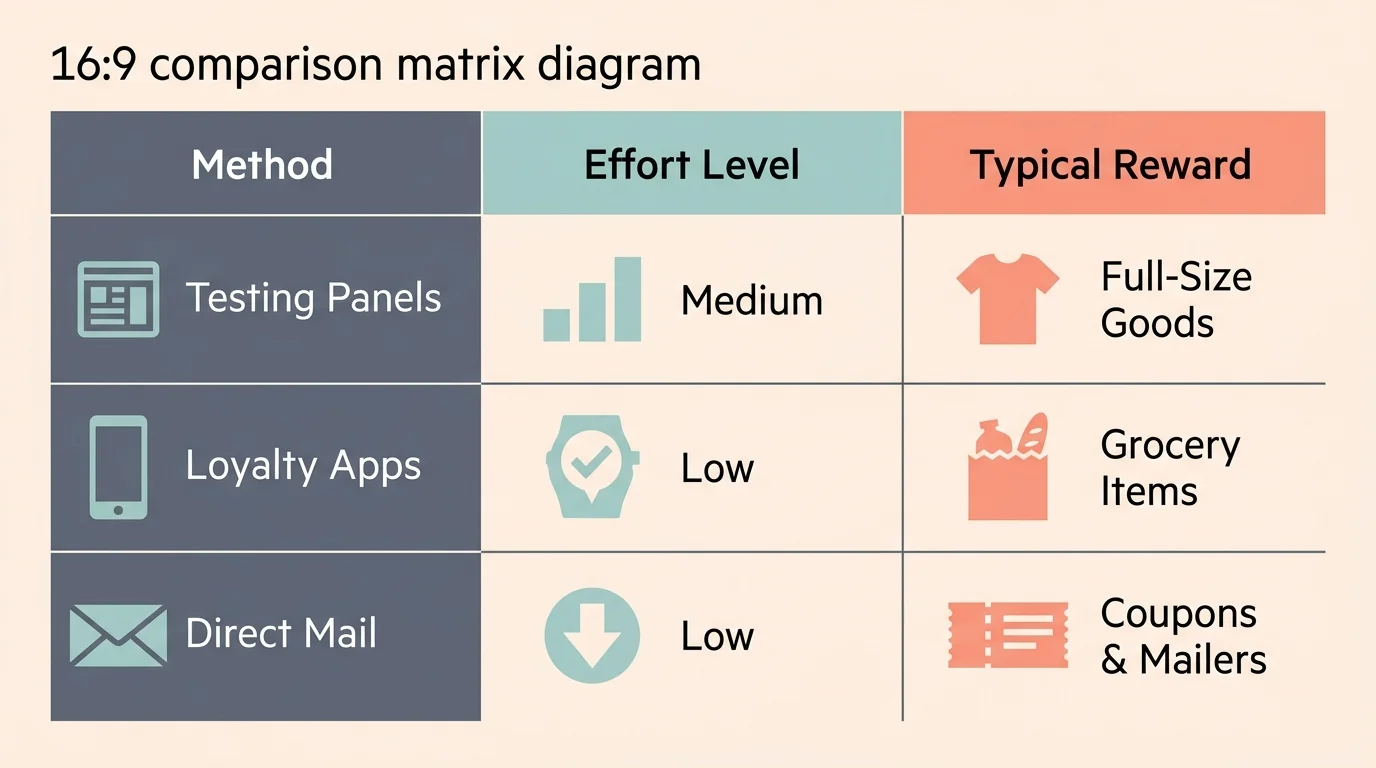 A clean comparison chart showing the effort level and typical rewards for product testing, loyalty apps, and direct mail.