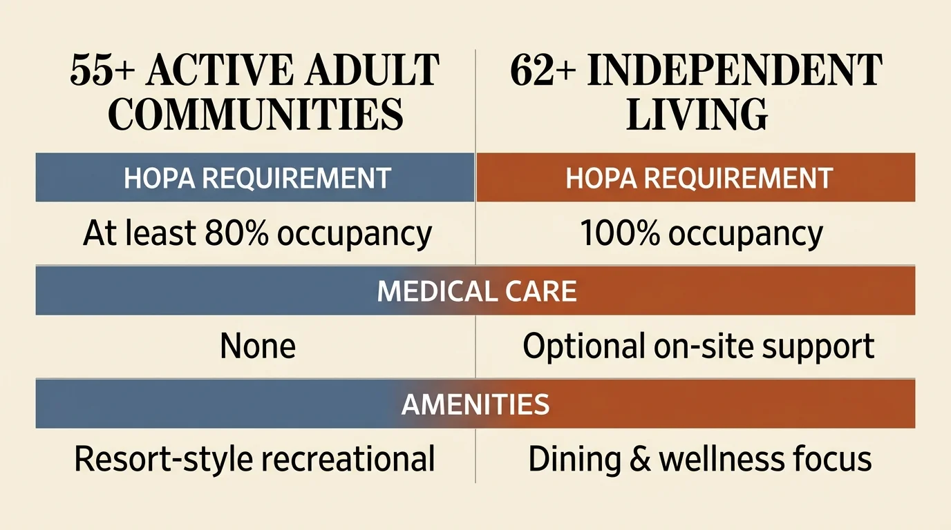 A clean comparison table comparing 55 plus active adult communities against 62 plus independent living models.