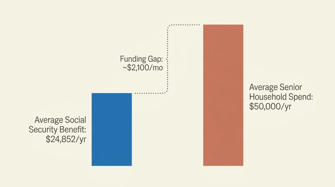 A clean data diagram comparing the average annual Social Security benefit of $24,852 to the average annual senior spend of $50,000.