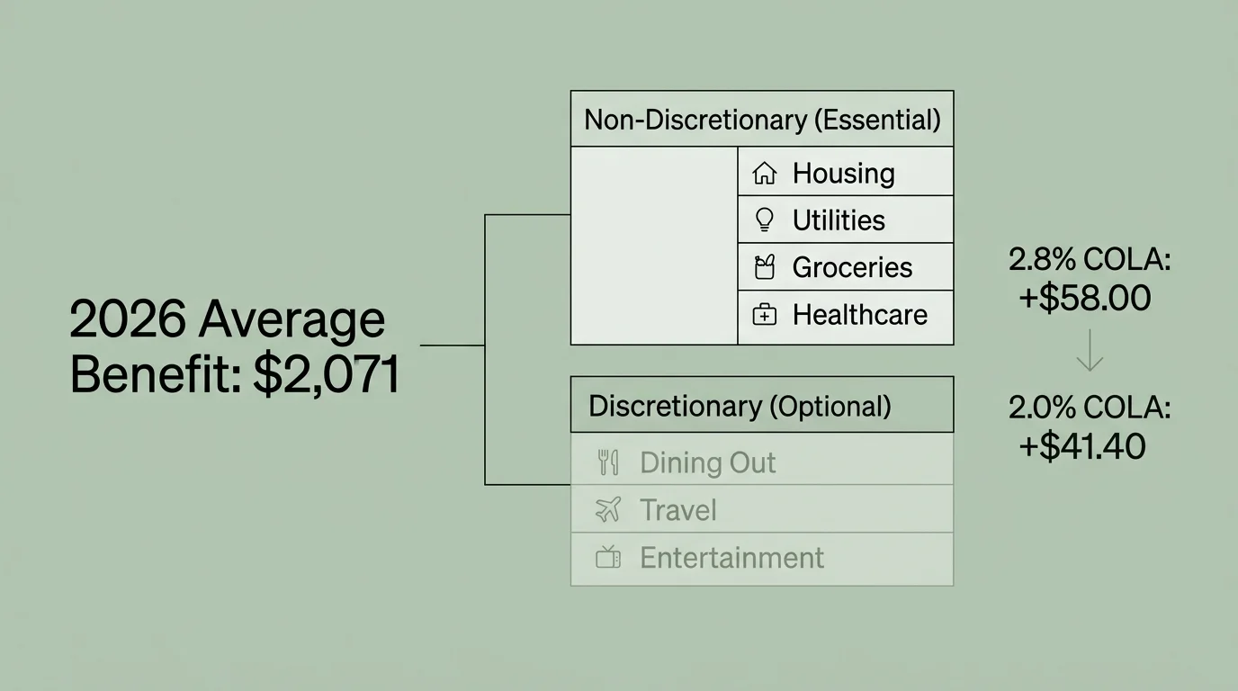 A clean diagram dividing a retirement budget into essential and discretionary spending to stress-test a lower COLA increase.