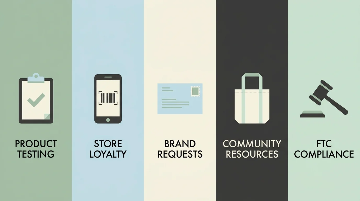 A clean, five-column infographic showing icons for product testing, store loyalty, brand requests, community resources, and FTC compliance.