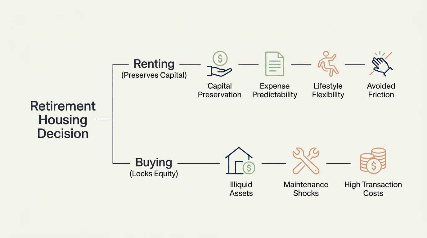 A clean, horizontal diagram comparing the flexible benefits of renting against the financial commitments of buying in retirement.