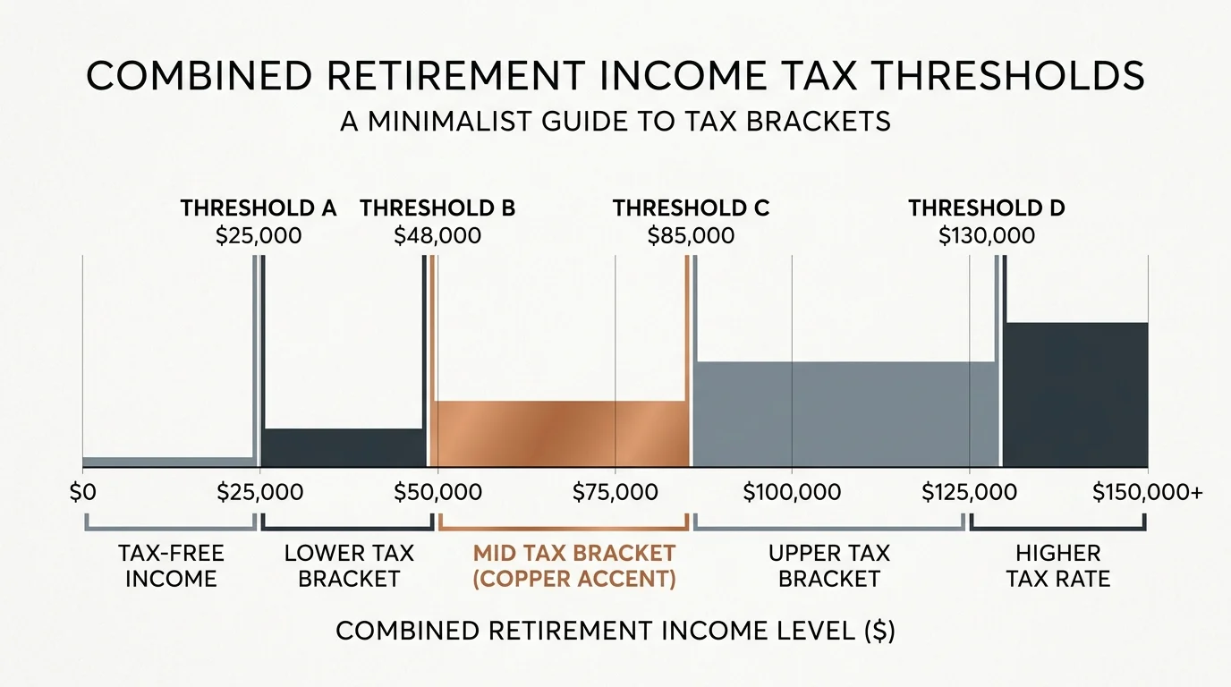 A clean, horizontal diagram showing how different brackets of combined income trigger different tax thresholds in retirement.