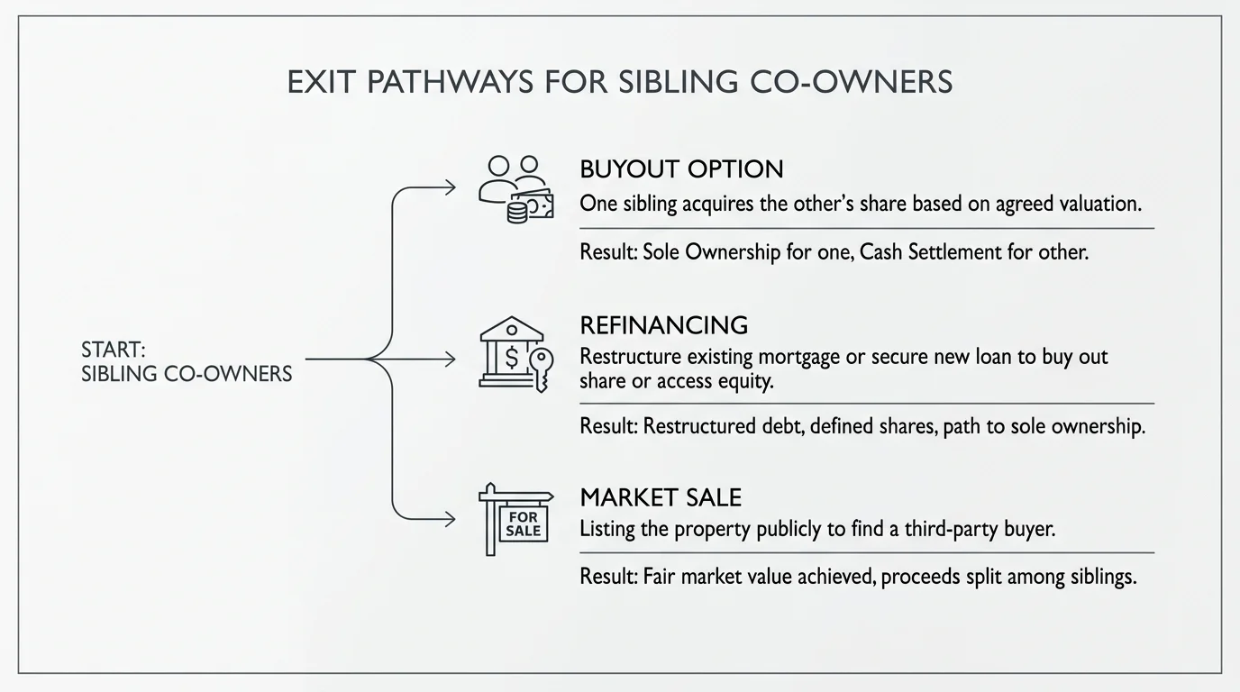 A clean horizontal flowchart mapping out exit strategies including buyout, refinancing, and market sale.
