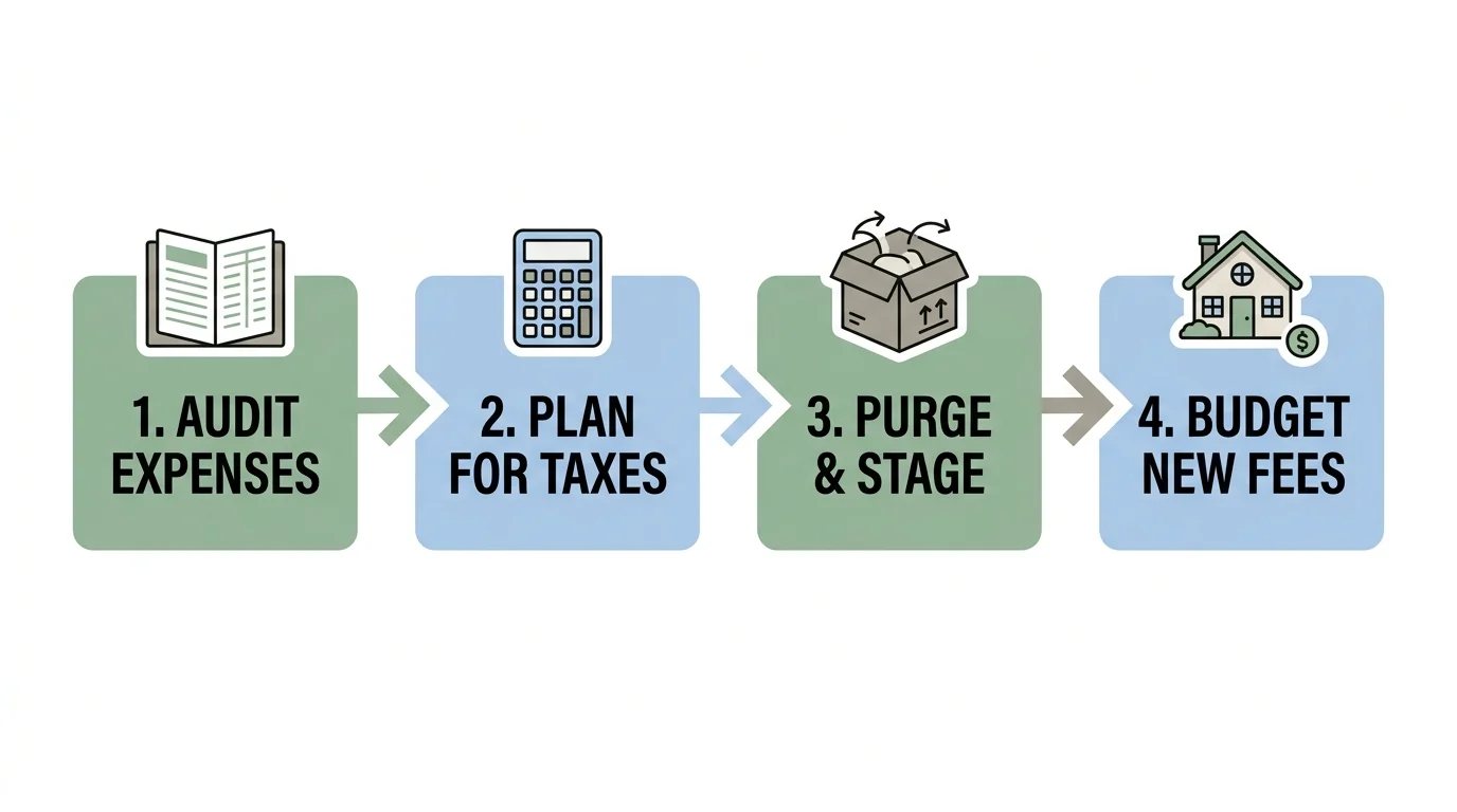 A clean horizontal process flowchart outlining the four strategic steps to successfully downsize a home.