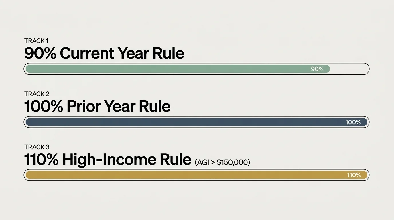 A clean, minimalist 16:9 diagram showing three progress bars representing the 90%, 100%, and 110% safe harbor rules.
