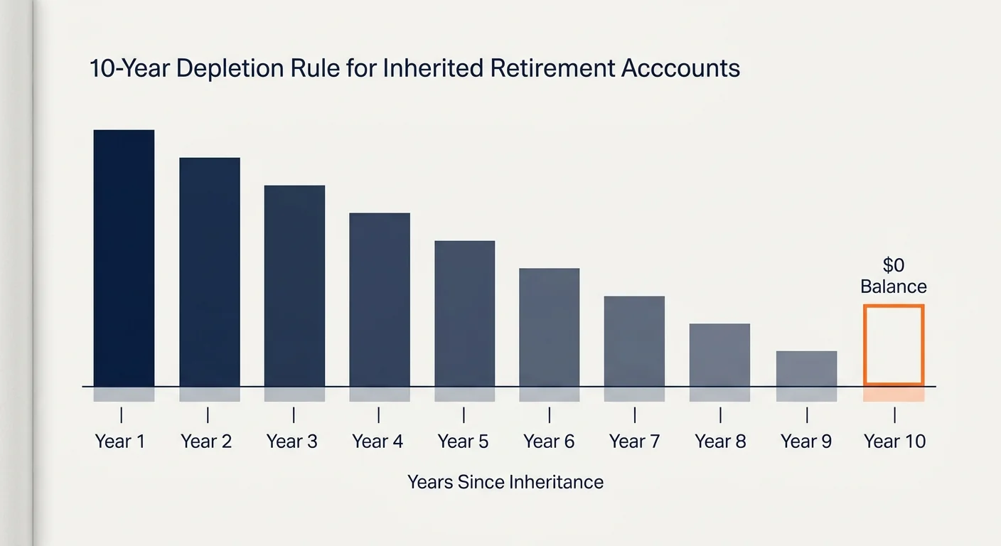 A clean, modern timeline diagram illustrating how non-spouse heirs must distribute and deplete inherited accounts within 10 years.
