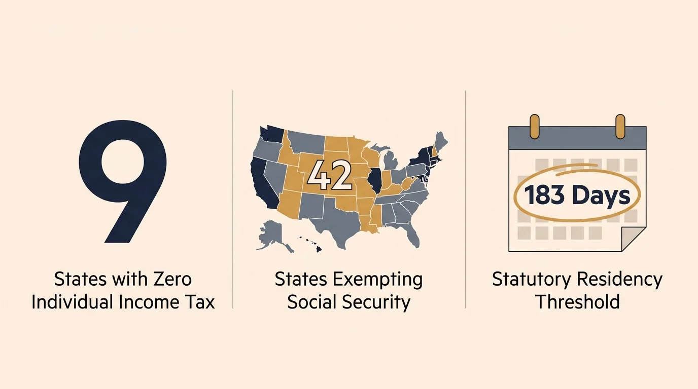 A clean three-panel minimalist infographic illustrating key state tax rules: 9 tax-free states, 42 Social Security-exempt states, and the 18