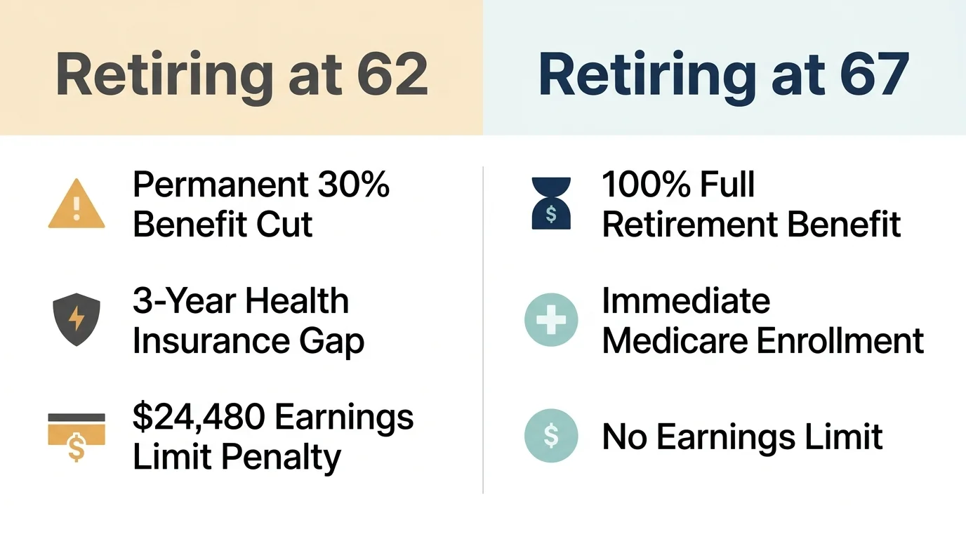 A clean, two-column infographic comparing the financial and healthcare trade-offs of retiring at age 62 versus age 67.