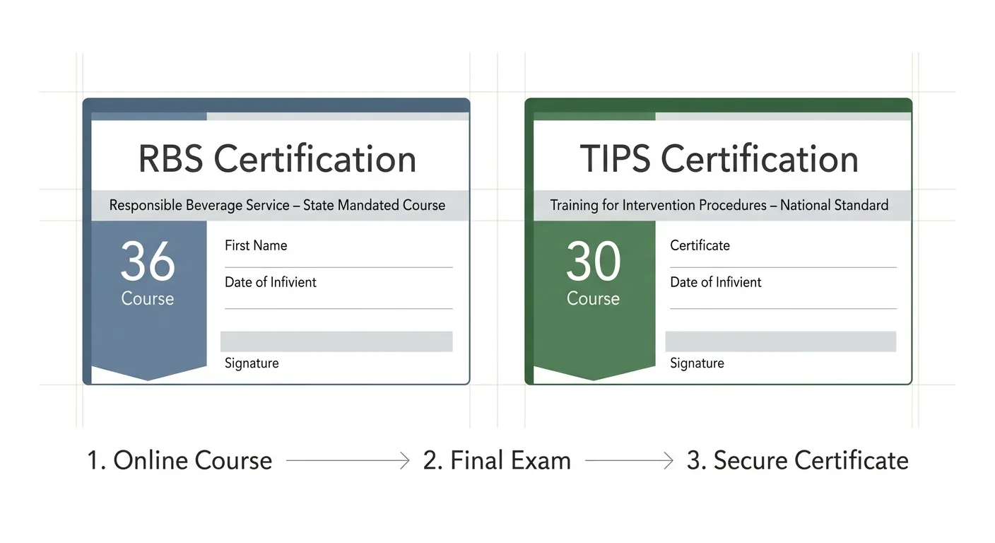 A clear diagram showing the two main beverage certifications, RBS and TIPS, with a simple three-step process timeline.