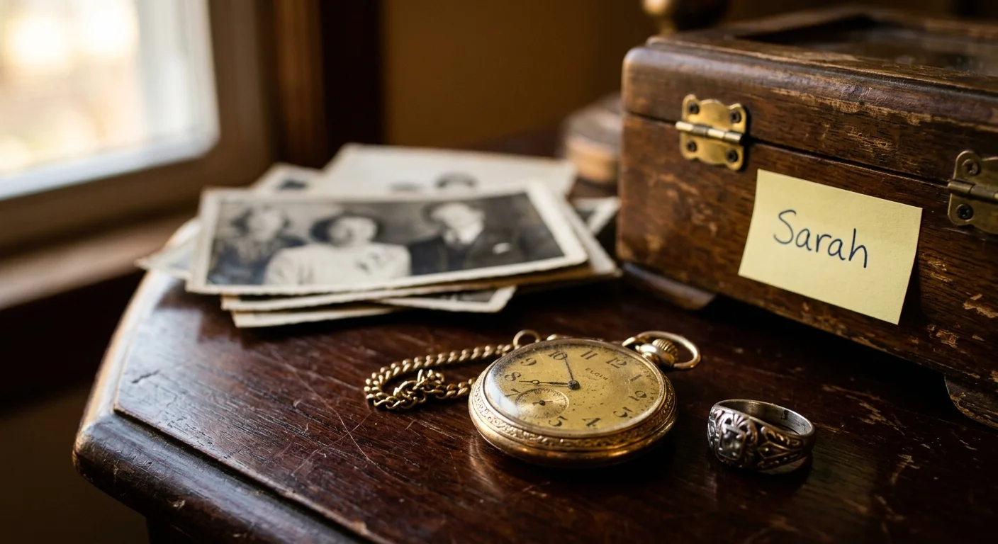 A close-up, atmospheric photograph of antique heirlooms like a pocket watch and silver ring laid out on a dark wooden table.