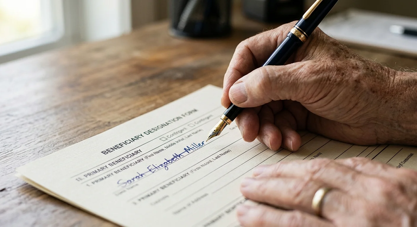 A close-up of a hand with a pen correcting a name on a retirement account beneficiary form.