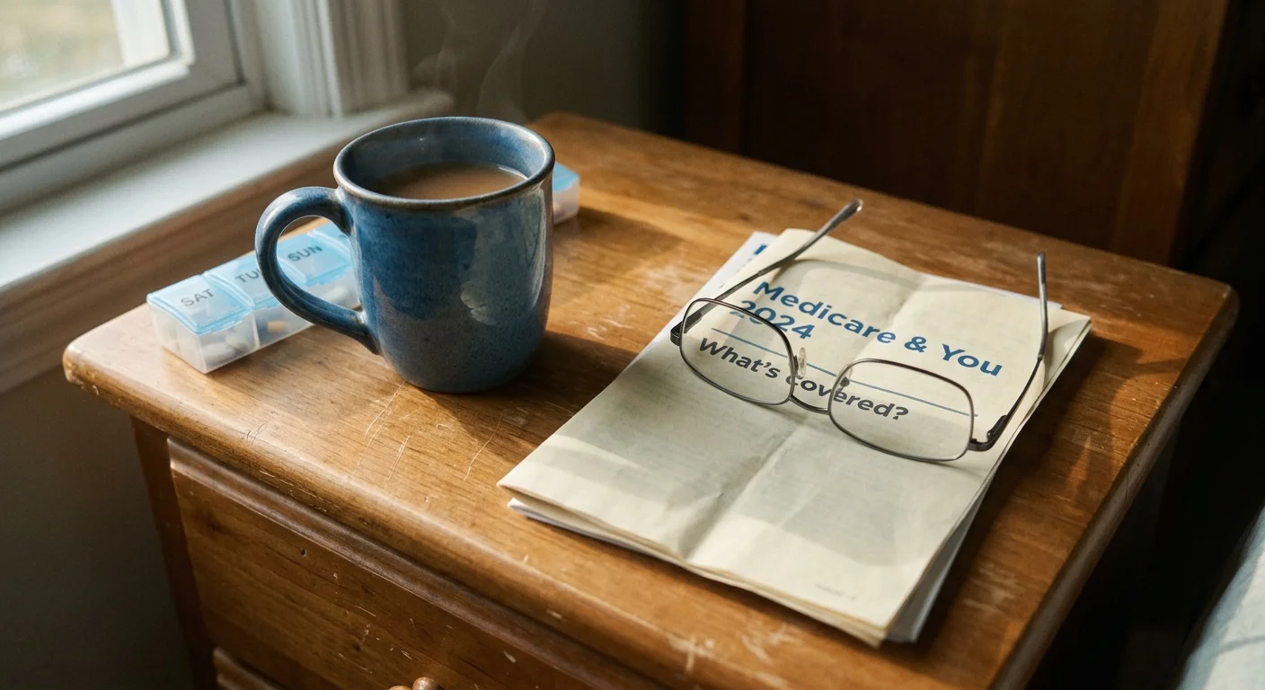 A close-up of a Medicare booklet, reading glasses, and a pill organizer on a wooden nightstand.