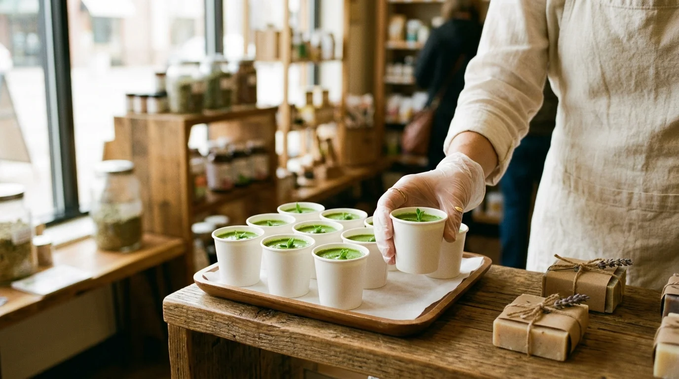 A close-up of a wooden sampling station inside a pharmacy, featuring small paper cups and natural soap samples.
