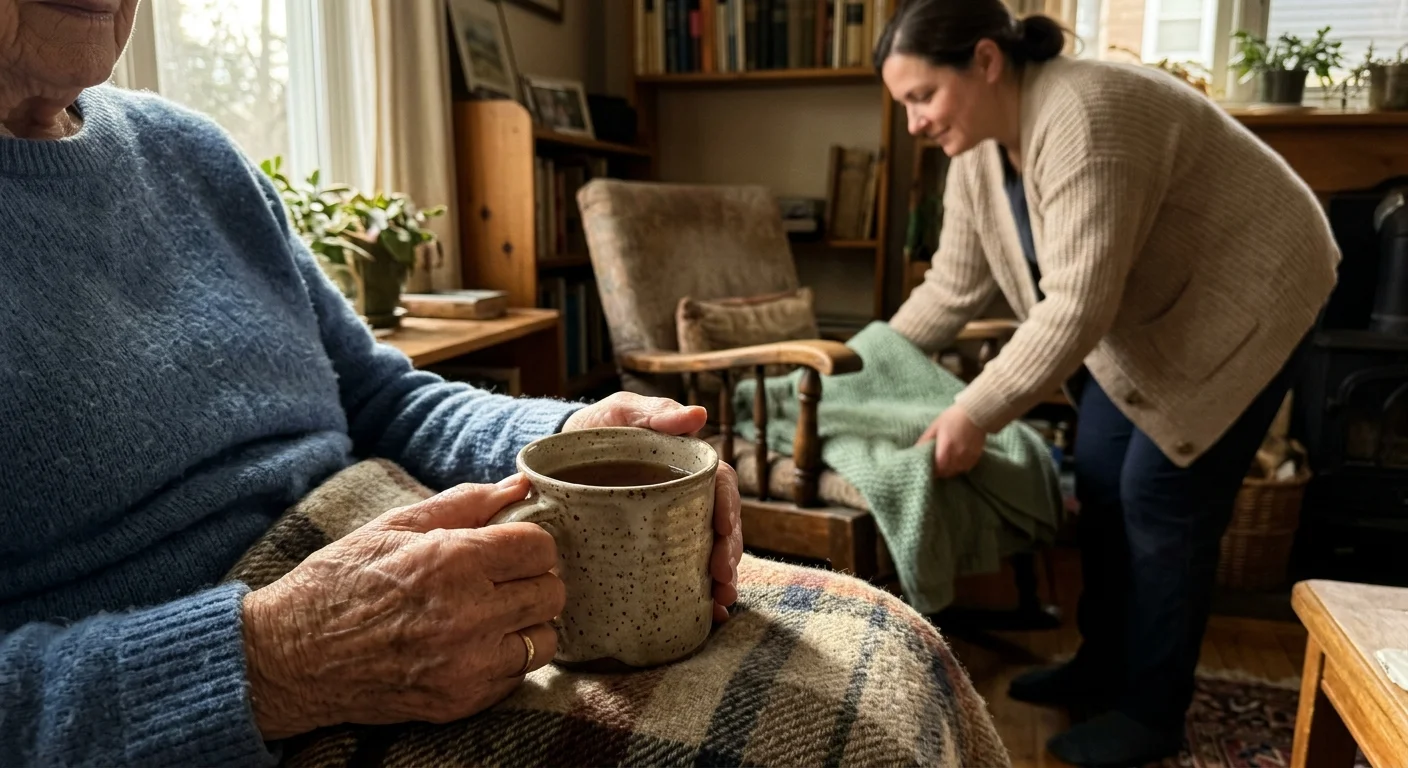 A close-up of an older woman's hands holding a mug, with a home care assistant arranging a blanket in the warm background.