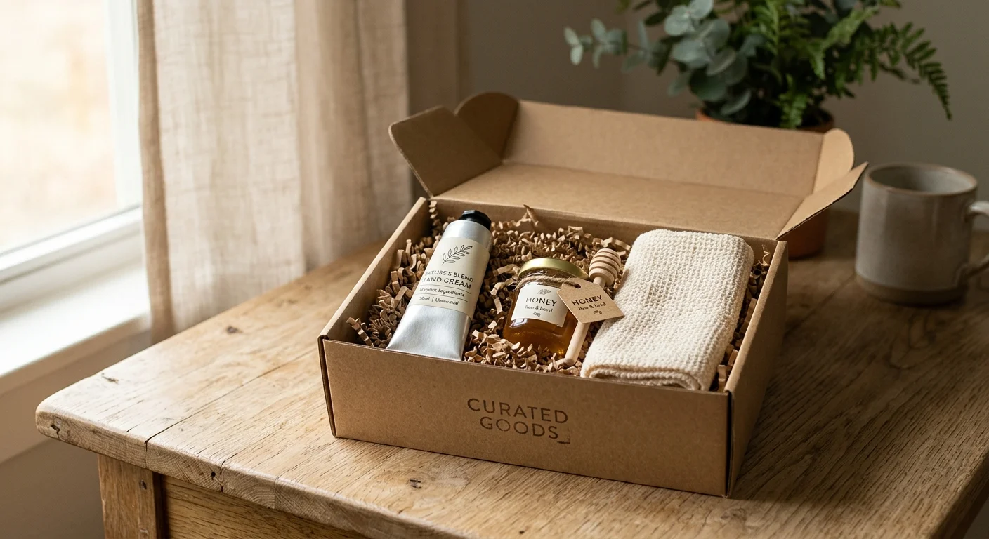 A close-up of an open, neatly packed sample box on a rustic wood table, filled with trial-sized natural products.