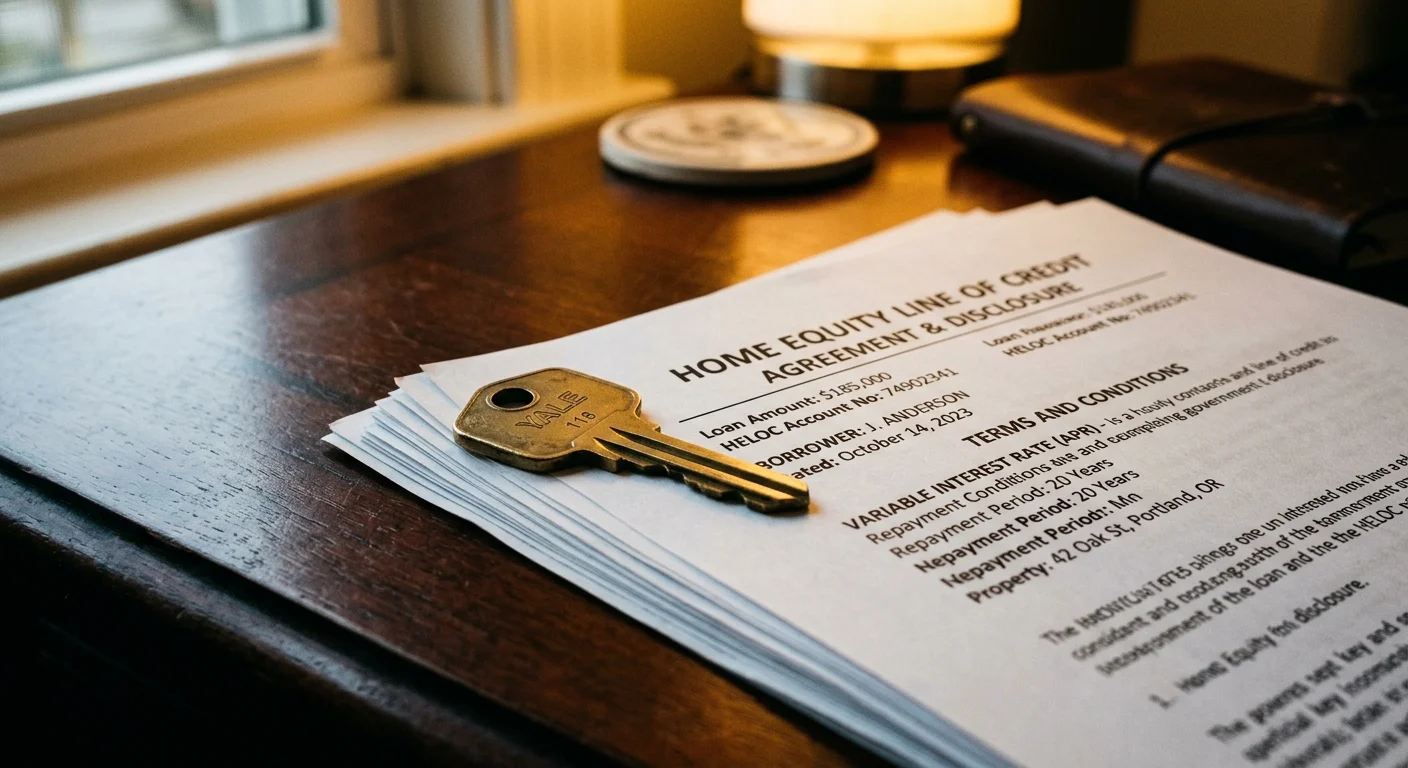 A close-up photograph of a brass key resting on HELOC loan documents, with warm, moody lighting on a dark wooden desk.