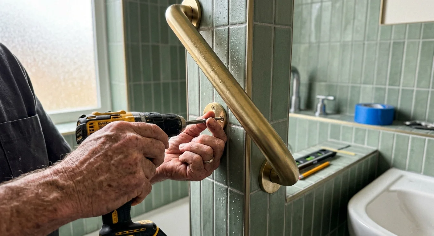 A close-up photograph of a modern brass grab bar being installed on a textured green tiled bathroom wall, highlighting home accessibility.